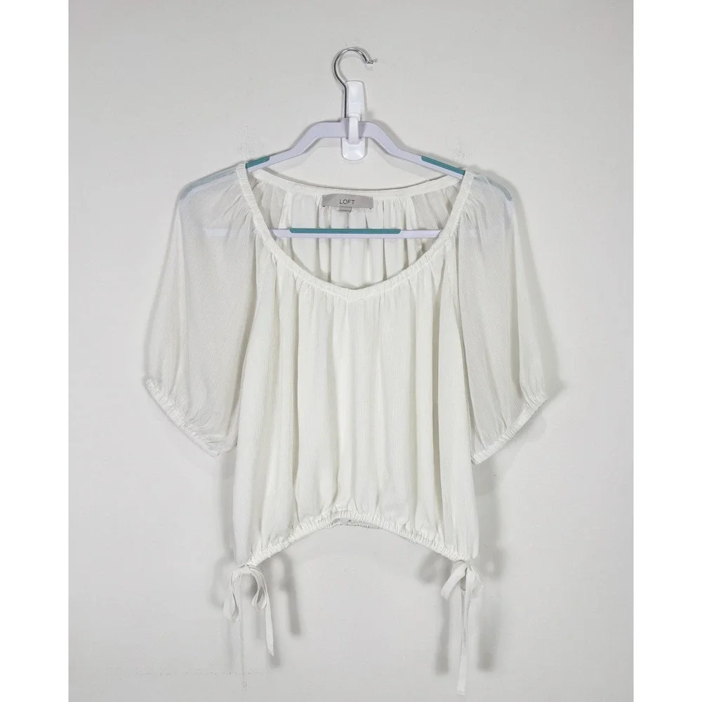 Loft White Peasant Blouse Puff Sleeve Side Tie Elastic Hem Top Medium